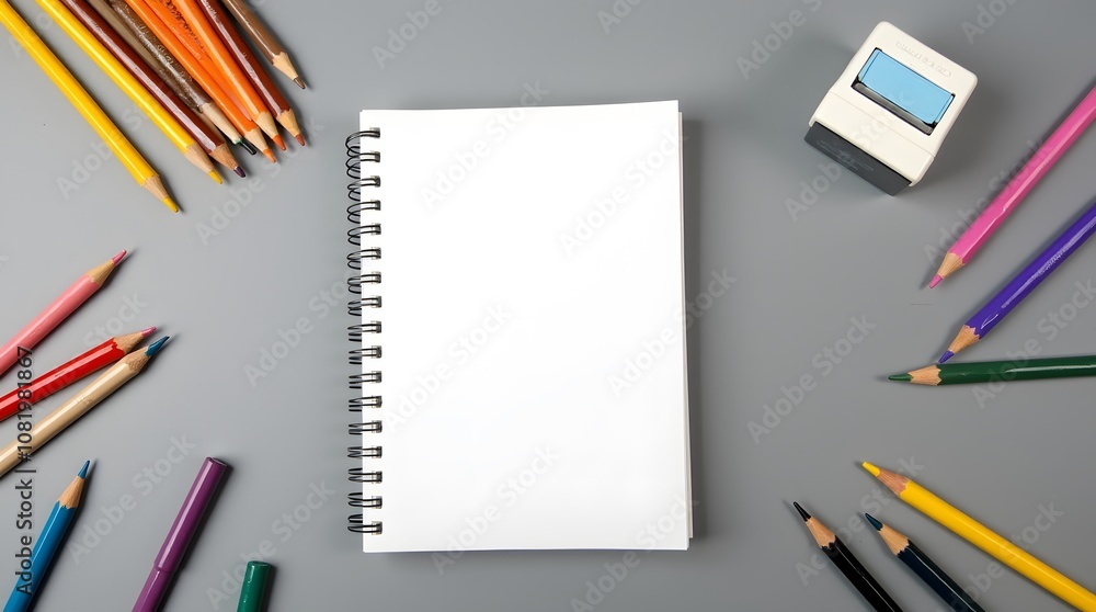 There is a notepad and colored pencils on a gray background. School set. Artist's office. There is a notepad and colored pencils on a gray background. School set. Artist's office.