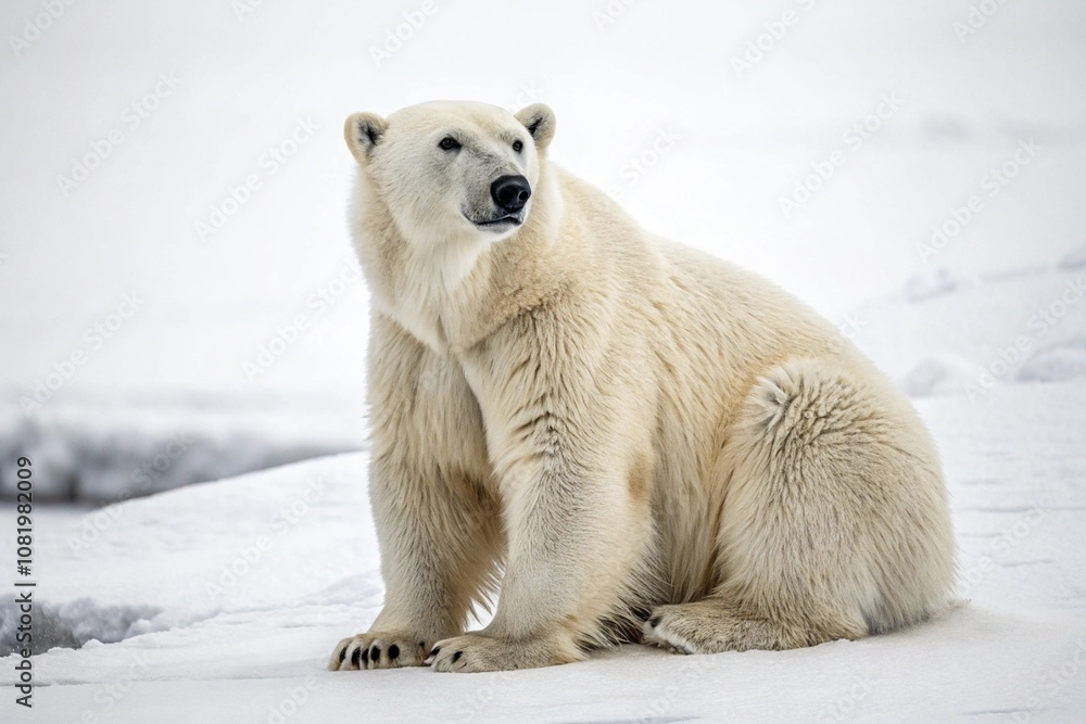 A high-resolution image of a polar bear sitting on snow amidst the vast ocean, showcasing its natural habitat. A high-resolution image of a polar bear sitting on snow amidst the vast ocean, showcasing its natural habitat.