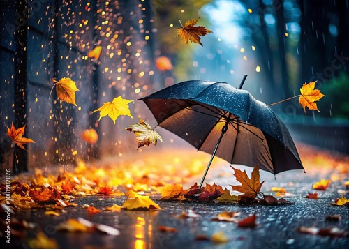 Captivating Low Light Photography of a Dark Umbrella Surrounded by Raindrops and Autumn Leaves in a Melancholic Scene Capturing Nature's Beauty in the Fall Season