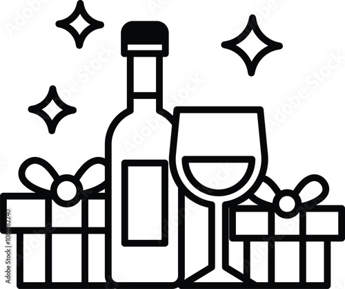 A bottle of wine and a wine glass are on a table with a bunch of presents