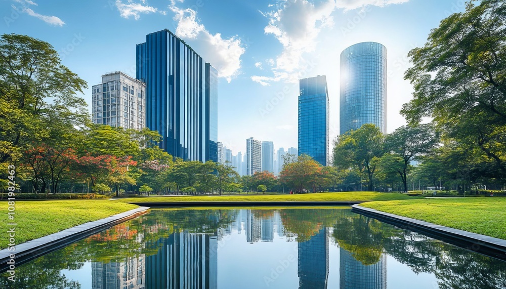 Fototapeta premium Modern Cityscape, Business District with Skyscrapers, Green Park, and Reflection Pool on a Sunny Day