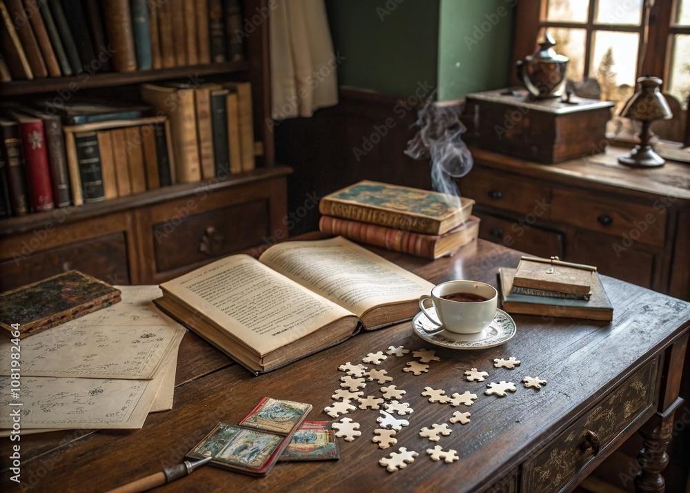Fototapeta premium Vintage Style Photography of a Brain Training Puzzle Scene Featuring an Antique Desk, Old Books, and a Cup of Coffee in a Cozy, Dimly Lit Room for Cognitive Enhancement