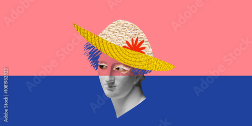 Photos Antique statue bust in large straw hat adorned with red flower, set against pink and blue background