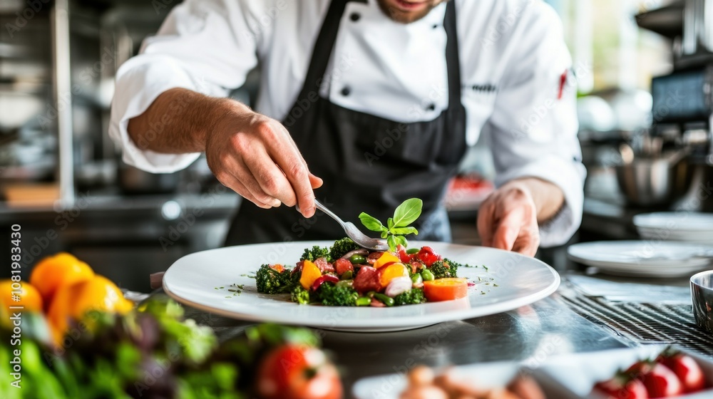 Chef Arranging a Colorful Vegetable Salad with a Fork Chef Arranging a Colorful Vegetable Salad with a Fork