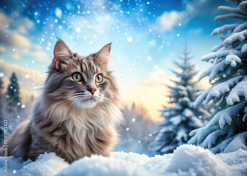 Fluffy Gray Cat Playing in the Snowy Winter Wonderland â€“ Adorable Feline in a Cold Outdoor Scene, Perfect for Cat Lovers and Winter Photography Enthusiasts