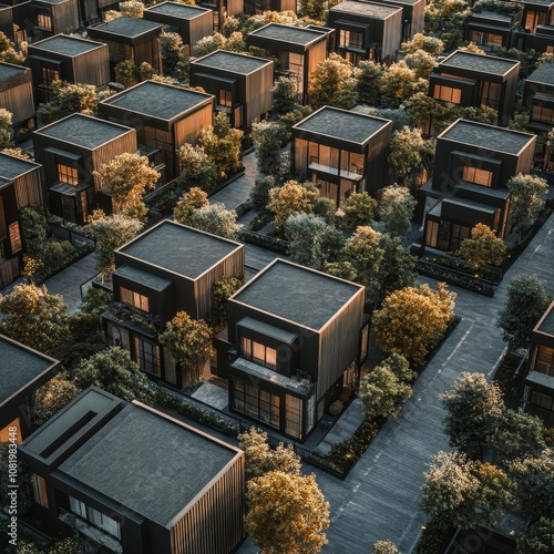 Aerial view of a modern residential neighborhood with black houses and green trees.