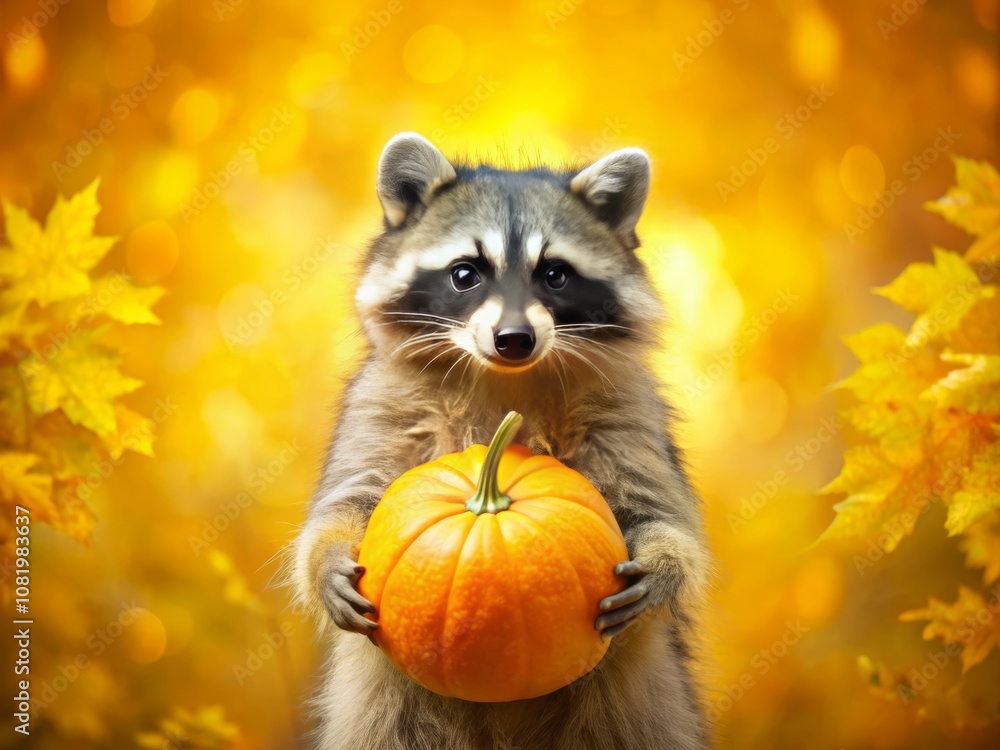 Fototapeta premium Charming Raccoon with Pumpkin on Bright Yellow Background in Double Exposure Style for Seasonal and Nature-themed Stock Photography