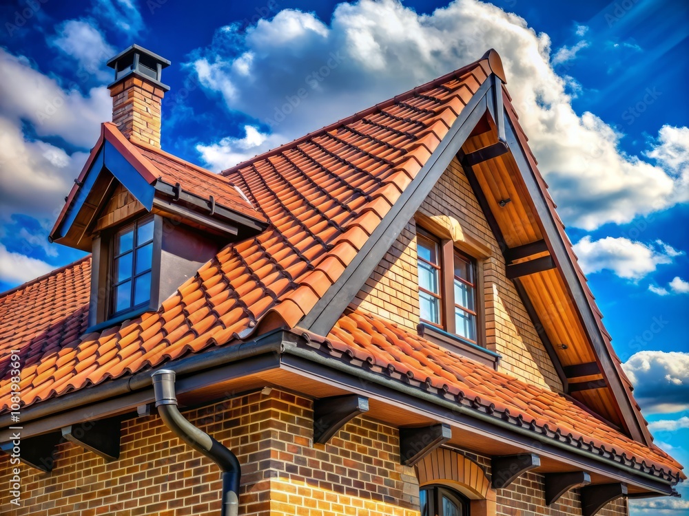 Charming Portrait of a House with Pitched Roof and Exposed Metal Gutter, Showcasing Brick Tiles and Ornate Cornice Detailing Against a Clear Blue Sky Charming Portrait of a House with Pitched Roof and Exposed Metal Gutter, Showcasing Brick Tiles and Ornate Cornice Detailing Against a Clear Blue Sky