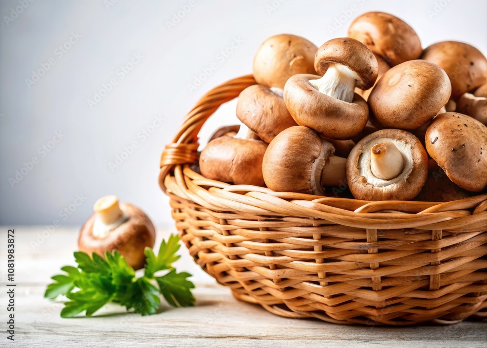 Fresh Champignon Mushrooms in Wicker Basket Isolated on White Background for Culinary and Healthy Eating Concepts Fresh Champignon Mushrooms in Wicker Basket Isolated on White Background for Culinary and Healthy Eating Concepts
