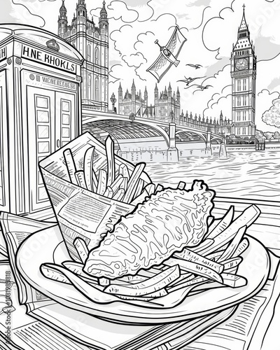 Fish and chips with iconic London landmarks in the background.
