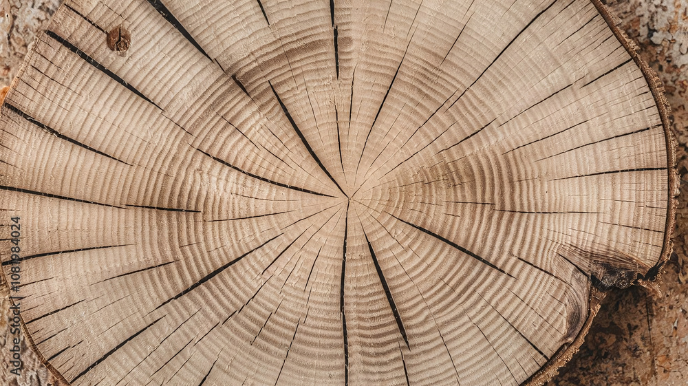 Fototapeta premium Close-up of a maple tree cut surface showing intricate growth rings and natural wood grain, ideal for backgrounds, textures, and woodworking designs. 