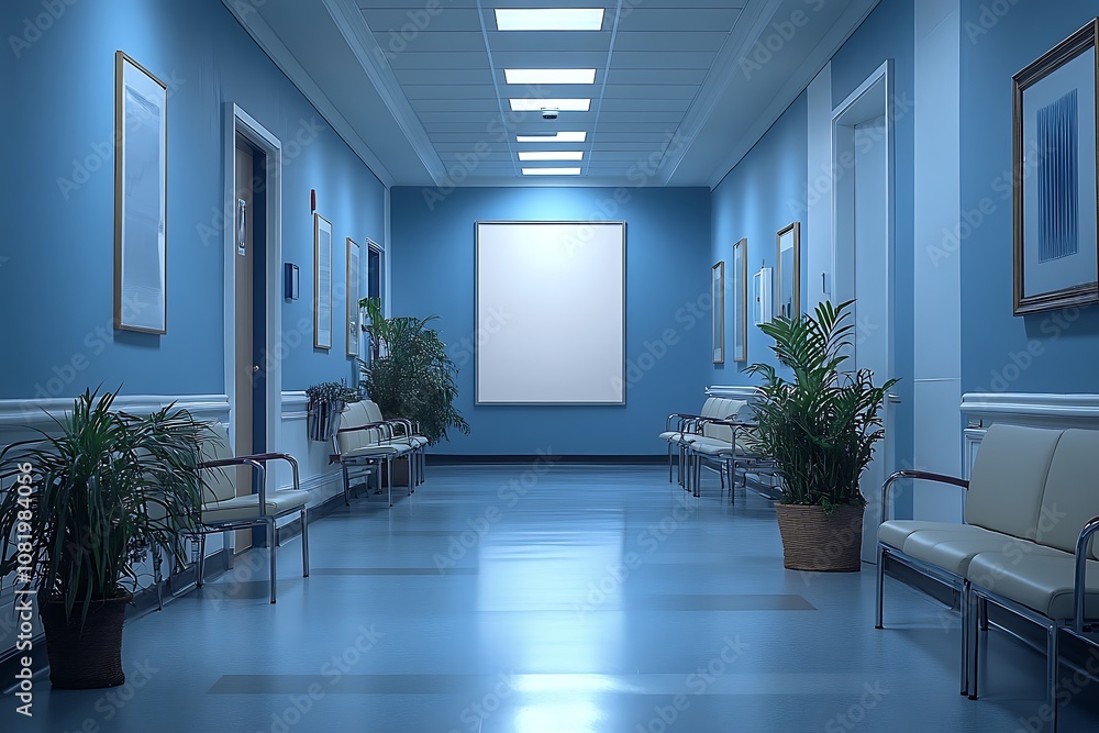 Fototapeta premium A mockup of an empty white poster on the wall in modern hospital waiting room with comfortable chairs and medical equipment. empty white blank poster on white wall in hospital, white board.