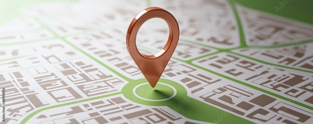 Fototapeta premium A close-up view of a map with a distinctive location pin, indicating a specific point of interest on a green background.