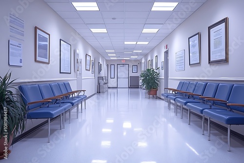 A mockup of an empty white poster on the wall in modern hospital waiting room with comfortable chairs and medical equipment. empty white blank poster on white wall in hospital, white board.