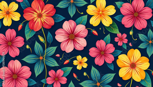 A Vibrant Floral Pattern with Vivid Colors and Detailed Blooms