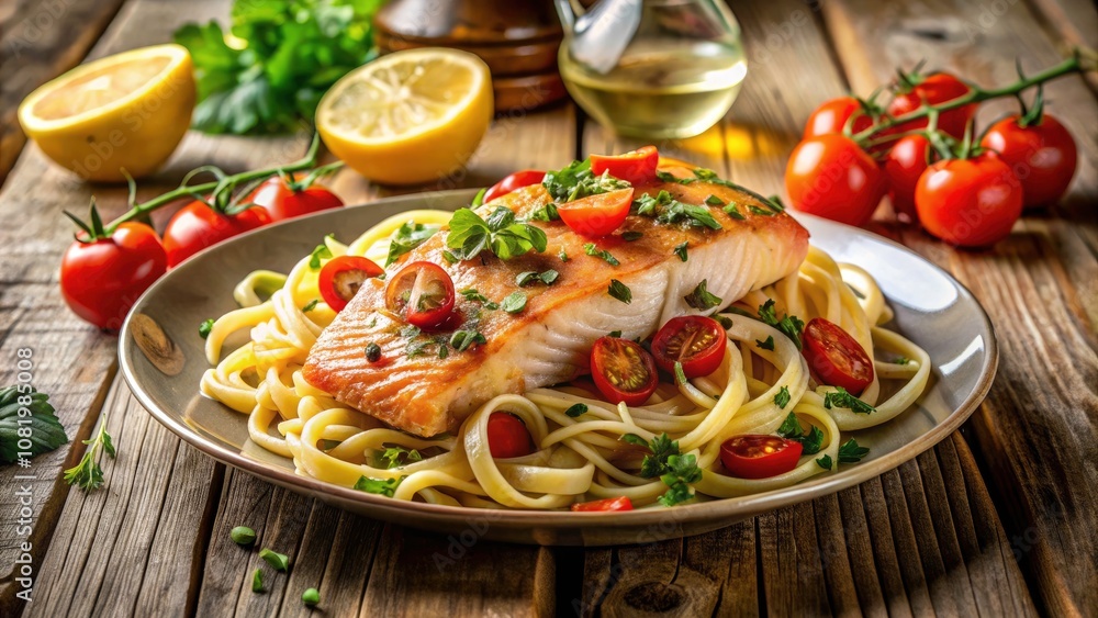 Grilled Salmon with Capers, Tomatoes, and Linguine - A Culinary Delight Captured in Documentary Style Grilled Salmon with Capers, Tomatoes, and Linguine - A Culinary Delight Captured in Documentary Style