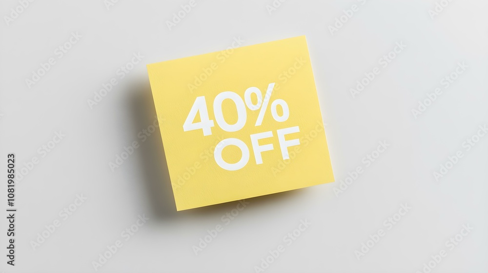 White '40% OFF' Text on a Light Yellow Square Paper Note. White Background with Copy Space White '40% OFF' Text on a Light Yellow Square Paper Note. White Background with Copy Space