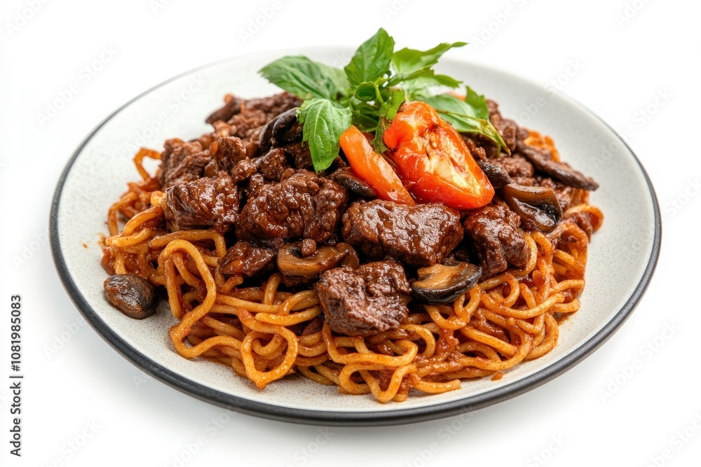 Beef and Mushroom Sauce with Noodles in Studio Lighting