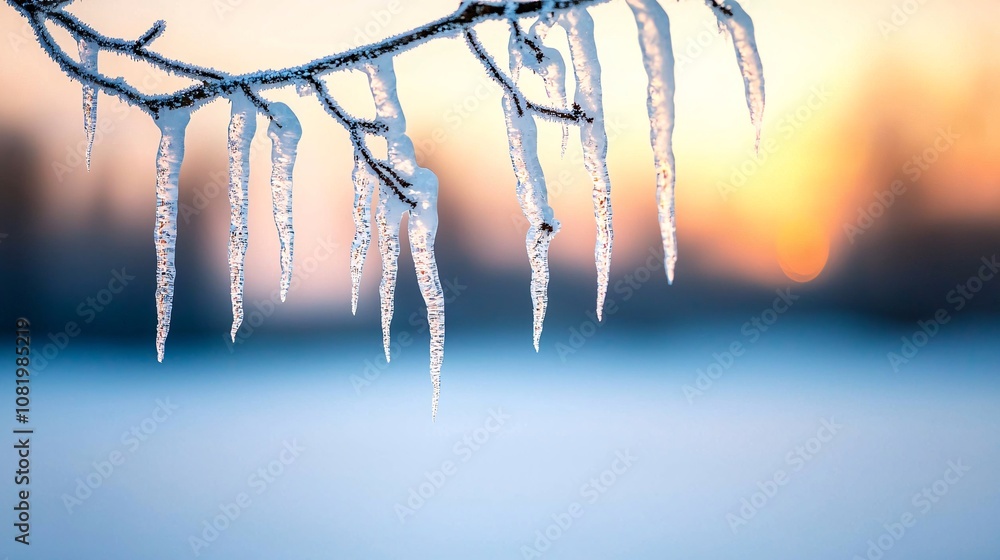 Beautiful Icicles Hanging from a Branch with a Soft Sunrise Background, Creating a Serene Winter Atmosphere and Captivating Nature Scene Beautiful Icicles Hanging from a Branch with a Soft Sunrise Background, Creating a Serene Winter Atmosphere and Captivating Nature Scene