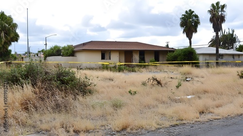 Police tape encircling an abandoned house, symbolizing caution and the need for vigilance in neglected areas, emphasizing the importance of community safety and awareness.