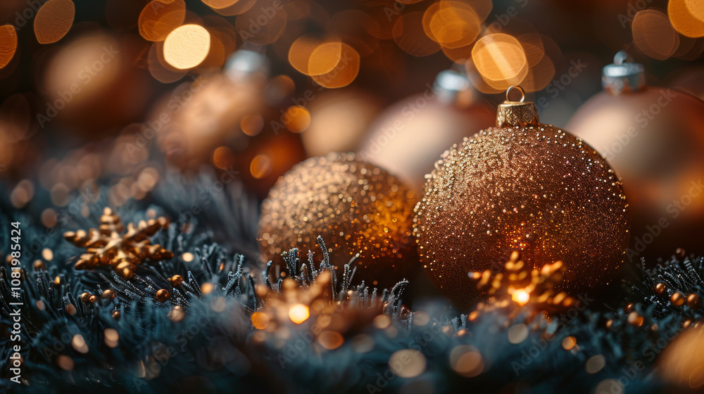 Fototapeta premium Golden festive Christmas decoration with warm bokeh blurred background empty copy space for text, Christmas banner, Fir branches with golden decoration balls baubles and blurred lights, AI generated