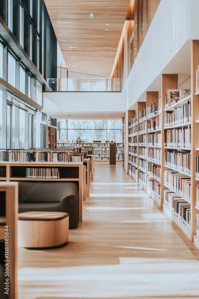 Modern library interior with bookshelves and seating. Modern library interior with bookshelves and seating.