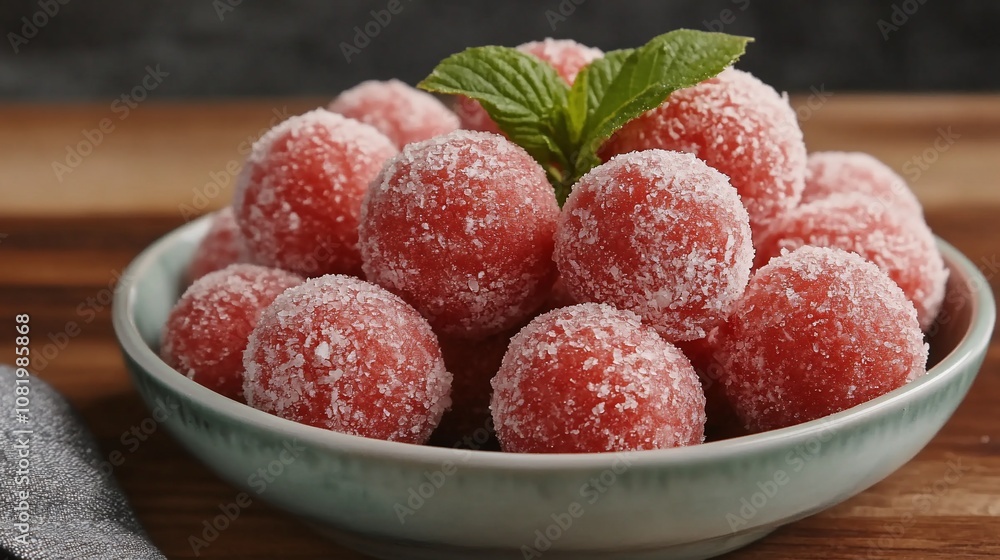 Bowl of watermelon balls with sugar and a sprig of mint. Bowl of watermelon balls with sugar and a sprig of mint.