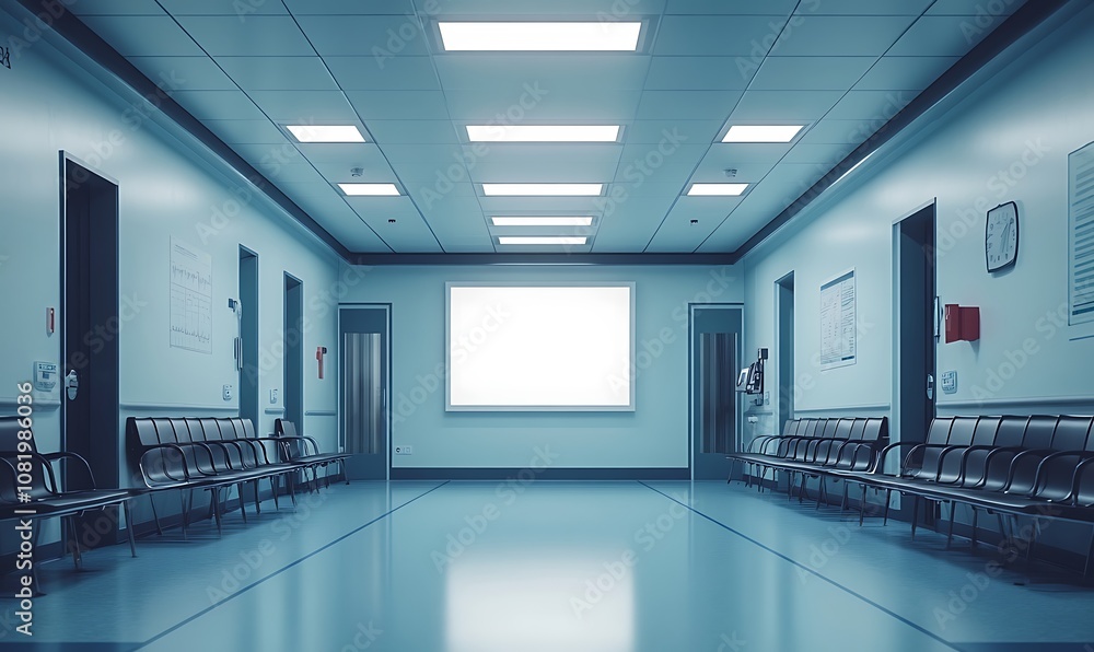Obraz premium A mockup of an empty white poster on the wall in modern hospital waiting room with comfortable chairs and medical equipment. empty white blank poster on white wall in hospital, white board.