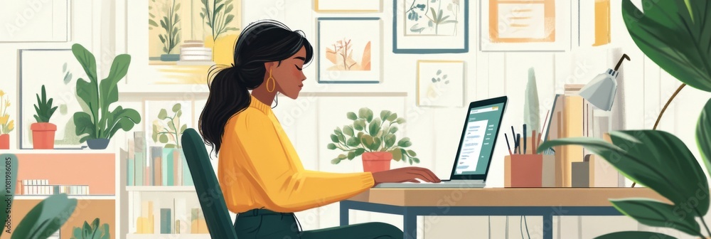 Woman Working at Home Office Desk with Laptop and Plants Woman Working at Home Office Desk with Laptop and Plants