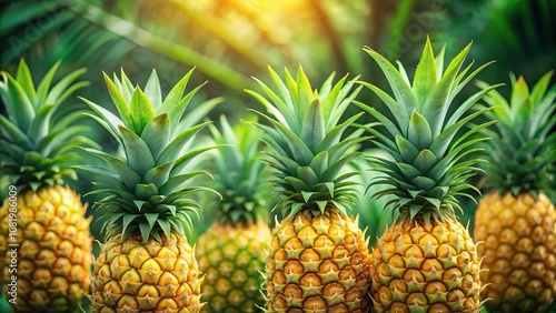 Closeup of ripe yellow pineapples with green leaves