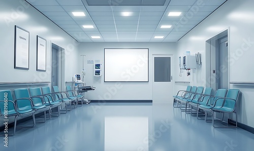 A mockup of an empty white poster on the wall in modern hospital waiting room with comfortable chairs and medical equipment. empty white blank poster on white wall in hospital, white board.