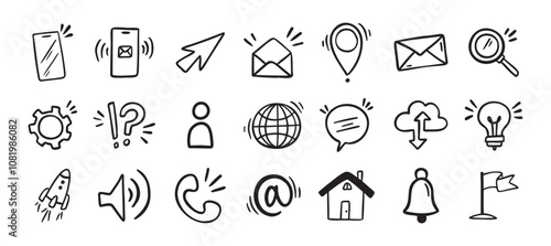Contact doodle hand drawn icon. Isolated communication signs for business