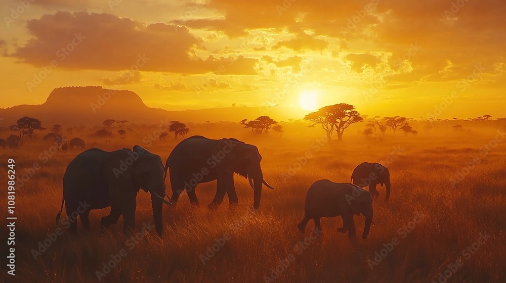 Fototapeta premium Elephants Walking on Savannah at Sunset.