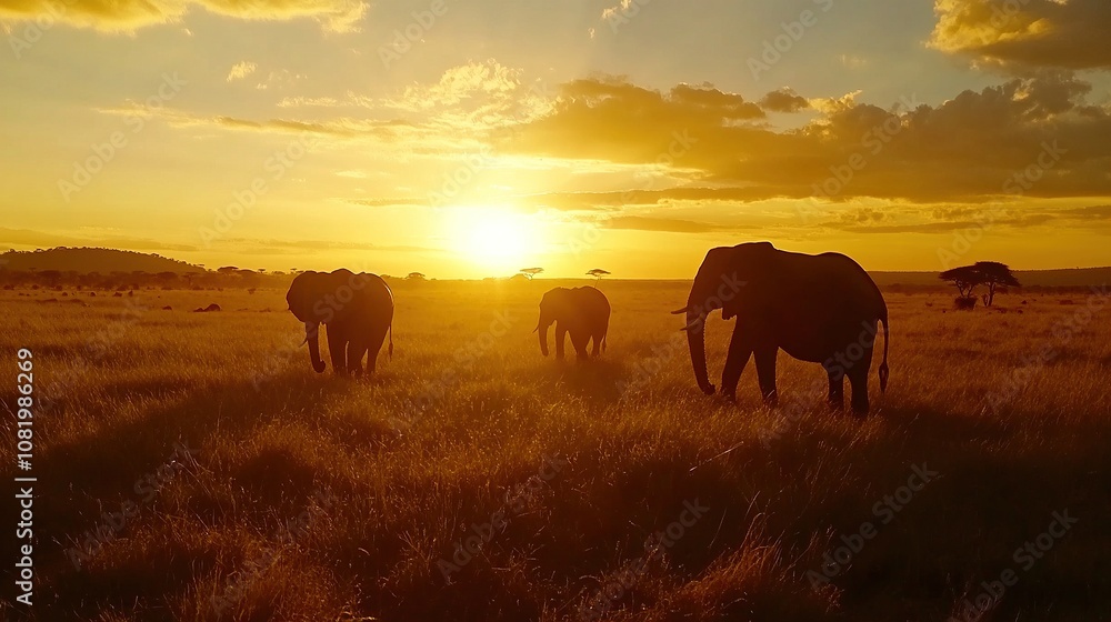 Obraz premium Elephants Walking on Savannah at Sunset.