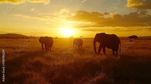  Elephants Walking on Savannah at Sunset.