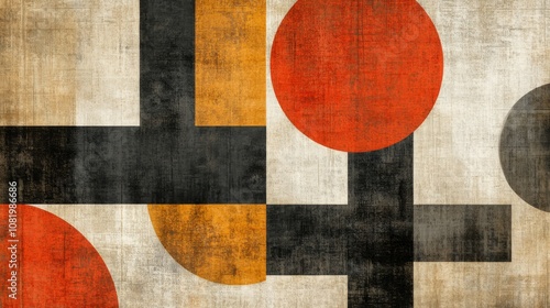 Abstract Geometric Composition with Bold Shapes and Textures Featuring Circles and Lines, Perfect for Modern Design and Art Themes in Various Media and Applications