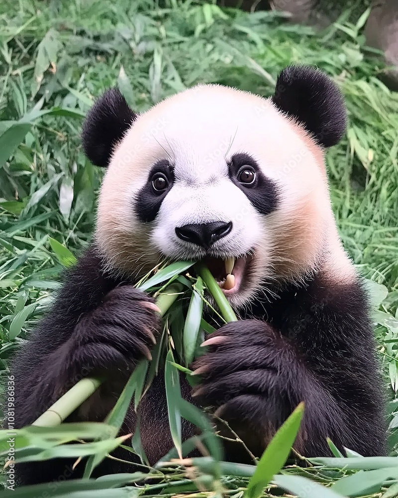 Obraz premium Giant Panda Eating Bamboo in Misty Forest.