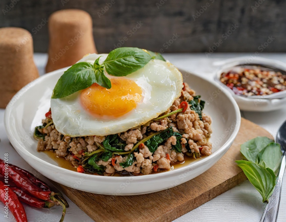 Phat Kaphrao Stir-Fried Minced Pork with Holy Basil and Fried Egg, Served in a Street Food Style Setting with Bold Flavors and a Casual Thai Vibe Phat Kaphrao Stir-Fried Minced Pork with Holy Basil and Fried Egg, Served in a Street Food Style Setting with Bold Flavors and a Casual Thai Vibe