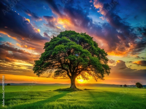 Majestic Silhouette of a Large Leafy Tree in a Serene Grass Field at Sunset â€“ Nature Photography, Tranquil Landscapes, Outdoor Serenity, Scenic Views