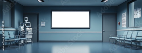 A mockup of an empty white poster on the wall in modern hospital waiting room with comfortable chairs and medical equipment. empty white blank poster on white wall in hospital, white board.