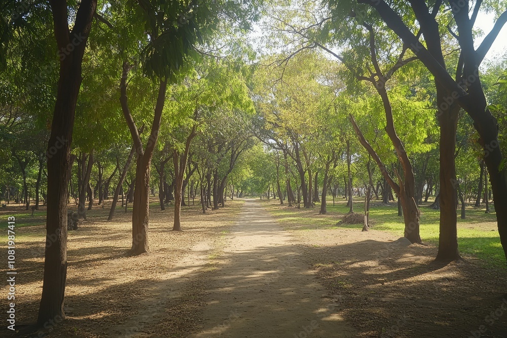 Sunlight dappling through leafy trees on path. Sunlight dappling through leafy trees on path.