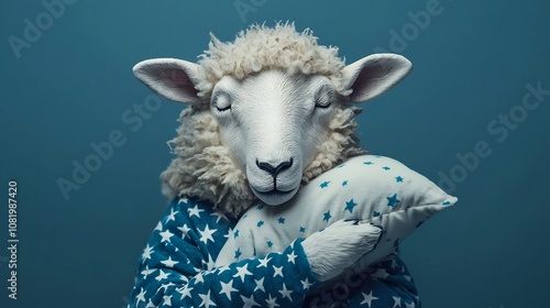 Fluffy Sheep Head Adorned in Starry Pajamas Holding Tiny Pillow in Sleepy Relaxed Pose photo