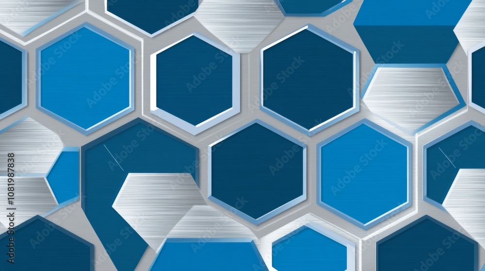Modern Geometric Background with Blue Hexagons and Metallic Texture for Creative Design, Technology, or Abstract Art Projects Modern Geometric Background with Blue Hexagons and Metallic Texture for Creative Design, Technology, or Abstract Art Projects