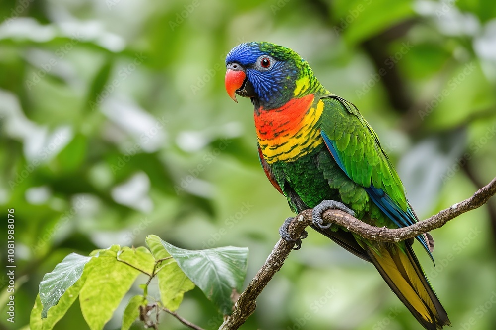 Obraz premium Colorful Parrot Perched on Branch with Green Background.