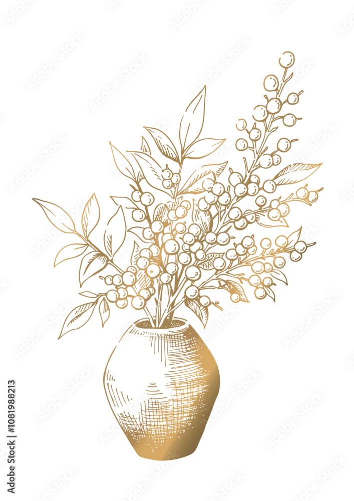 華やかなゴールドの手描き風ベクター植物イラスト 花瓶に入った木の実と枝葉