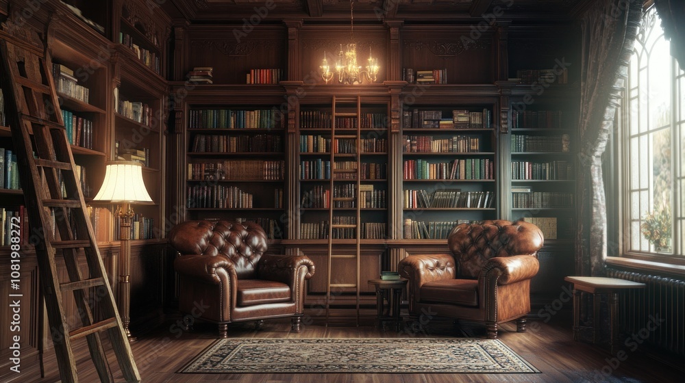A Cozy Library with Leather Armchairs and a Ladder A Cozy Library with Leather Armchairs and a Ladder