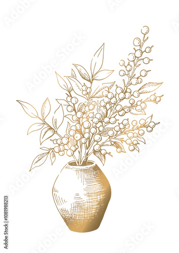Obraz na płótnie 華やかなゴールドの手描き風ベクター植物イラスト 花瓶に入った木の実と枝葉 w salonie