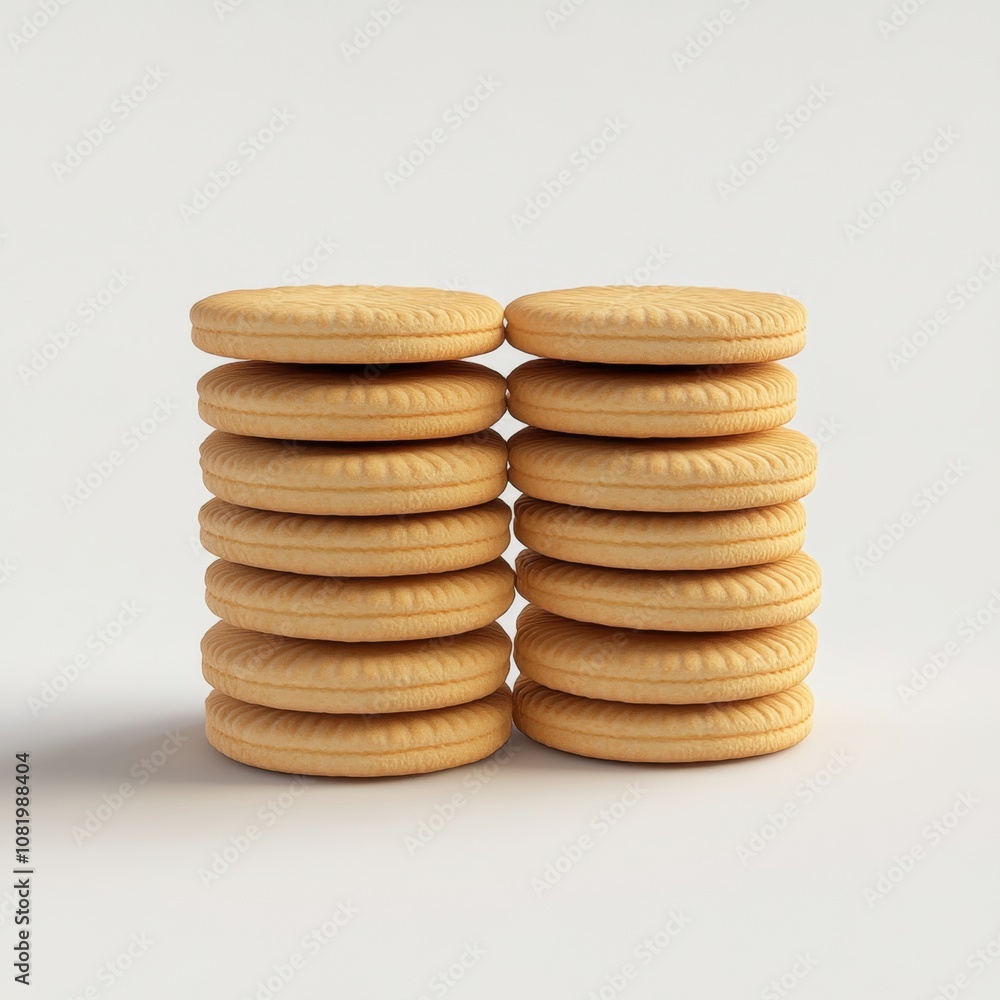 Two stacks of golden sandwich cookies on white background. Two stacks of golden sandwich cookies on white background.