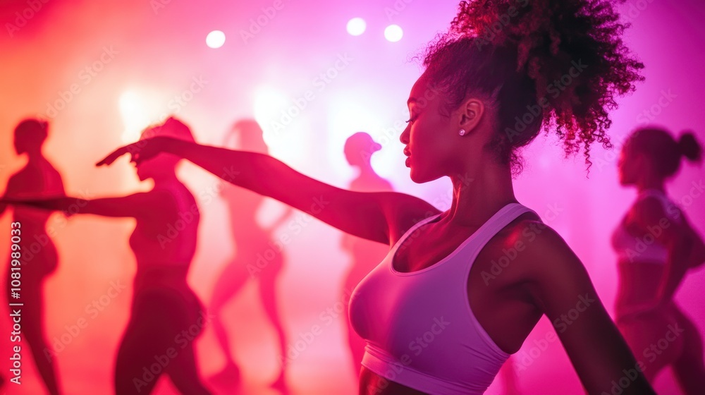 Woman with Curly Hair Posing in Pink and Purple Lighting with a Group of Dancers in the Background Woman with Curly Hair Posing in Pink and Purple Lighting with a Group of Dancers in the Background