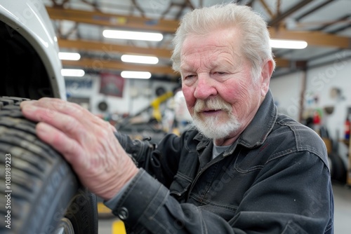 retirement job. Experienced senior mechanic inspecting a car tire, showcasing expertise in vehicle maintenance and automotive care in a professional workshop.